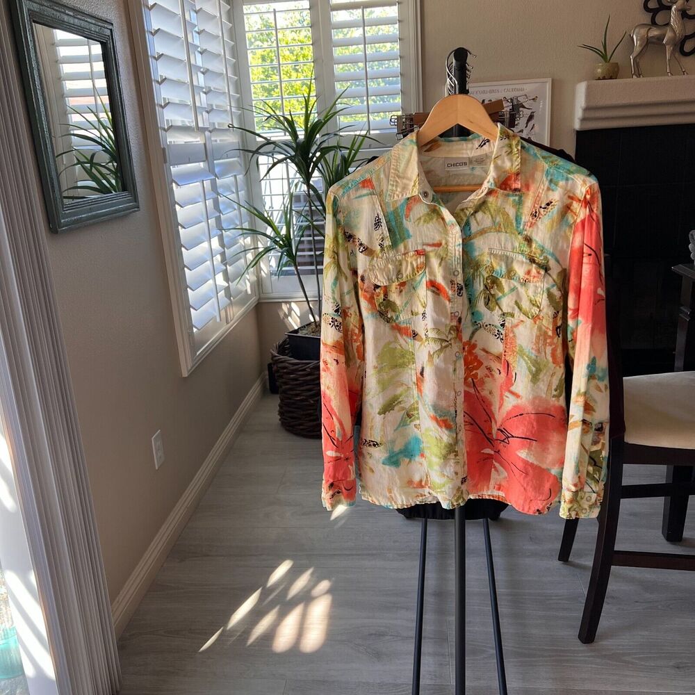 Chicos Shirt Size 1/M Tropical Paradise Print 100% Linen Snap Down Long Sleeve - Picture 15 of 16